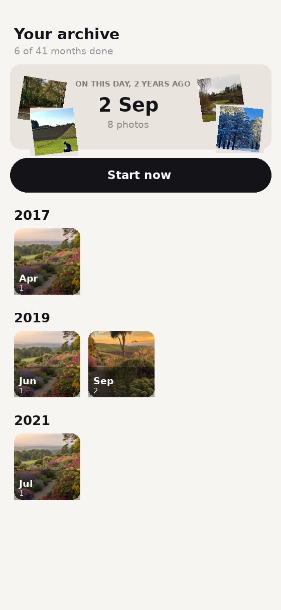 Emti archive view with photos grouped by month and year