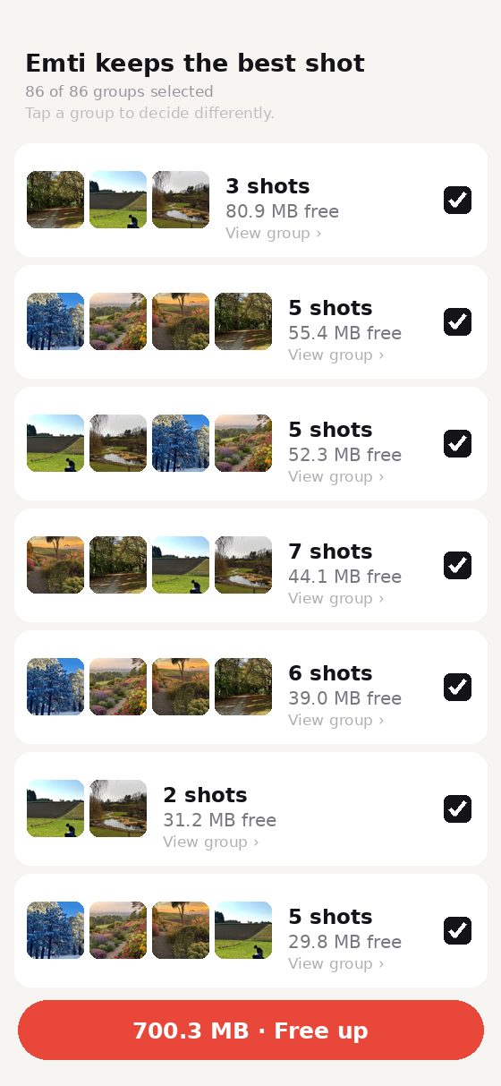 Emti duplicate groups list with 86 look-alike photo groups